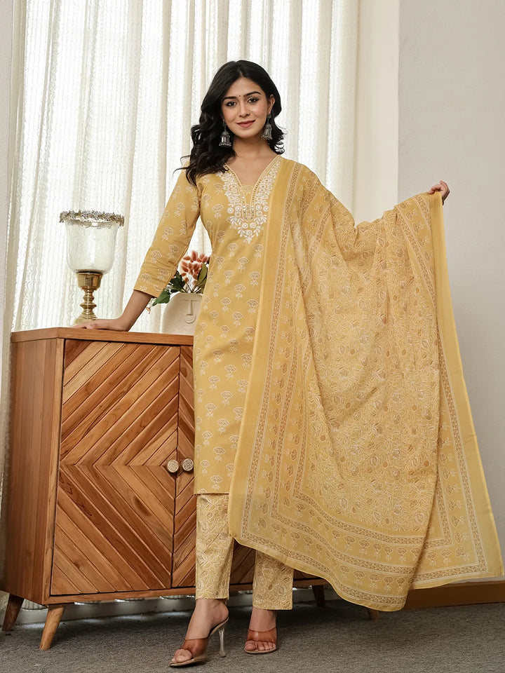 Yellow Floral Thread Work Straight Kurta Trouser Dupatta Set-Yufta Store-6539SKDYLM