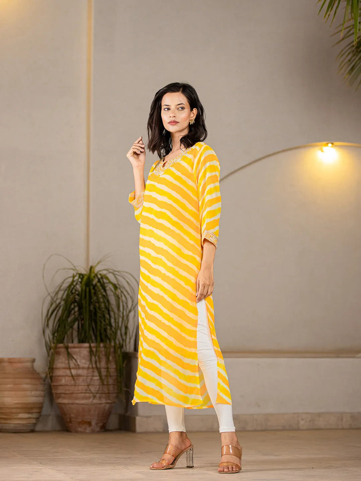 Yellow Georgette Lehriya Embroidery Kurta-Yufta Store-1772KURYLS