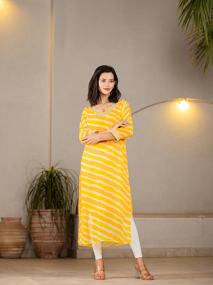 Yellow Georgette Lehriya Embroidery Kurta-Yufta Store-1772KURYLS