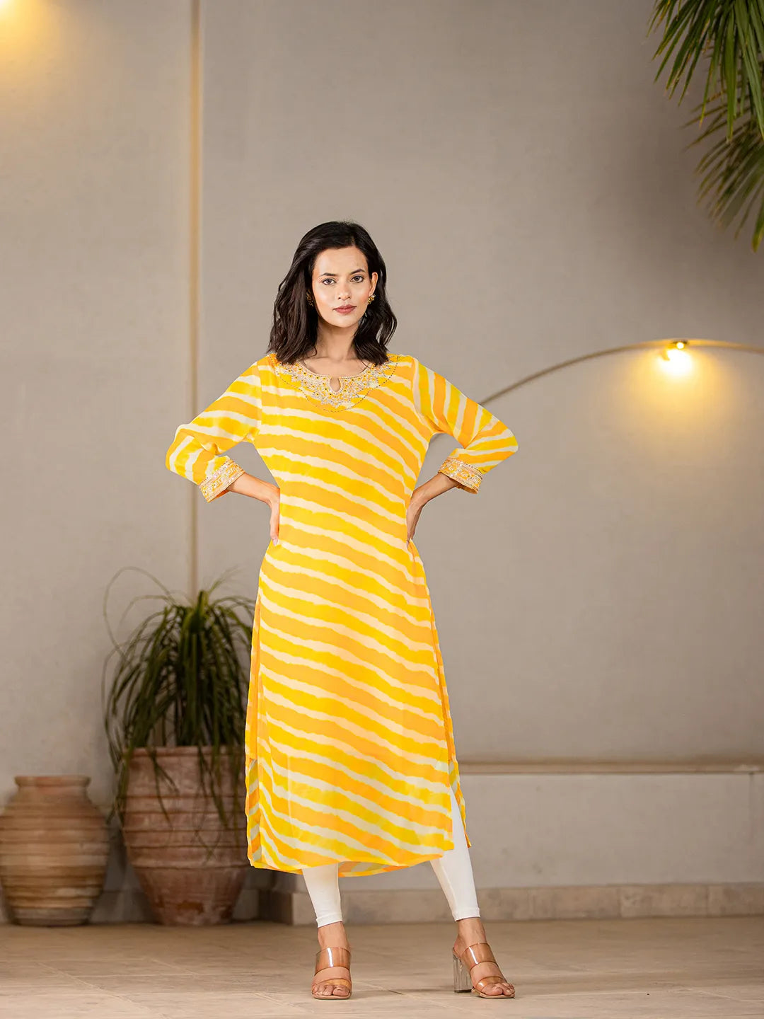 Yellow Georgette Lehriya Embroidery Kurta-Yufta Store-1772KURYLS