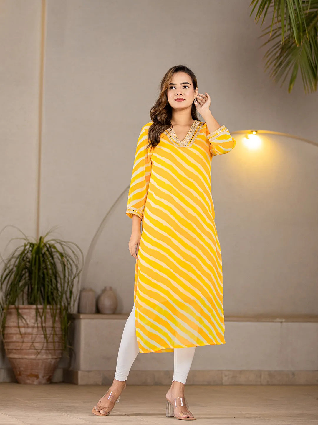 Yellow Georgette Lehriya Kurta-Yufta Store-6989KURYLS