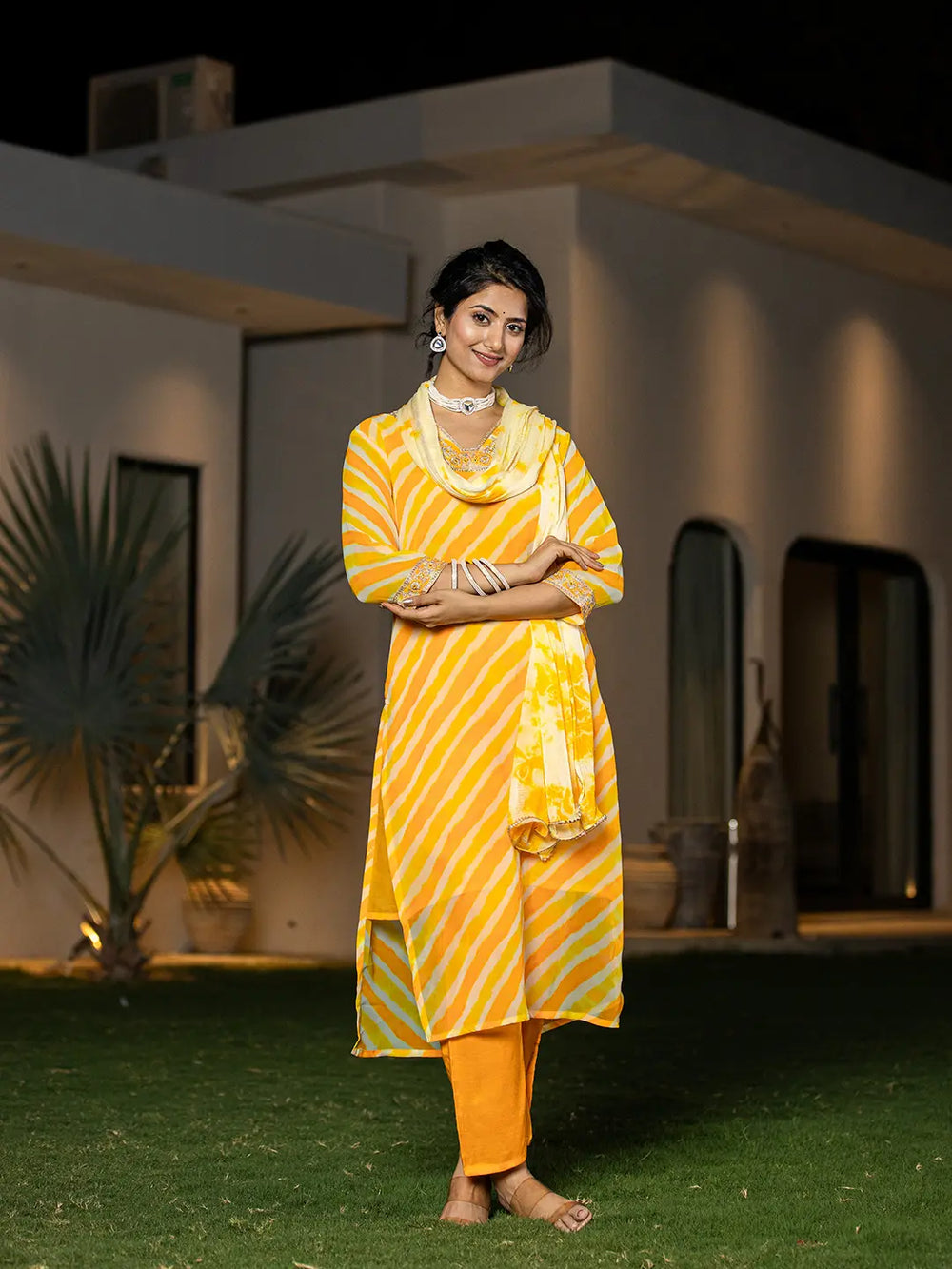 Yellow Leheriya Print Poly Georgette Straight Suit Set-Yufta Store-6987SKDYLS