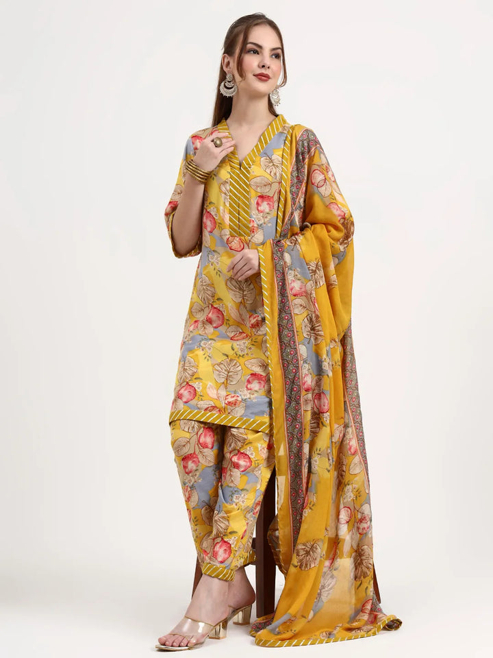Yellow Lensing Flare Kurta Dupatta Set