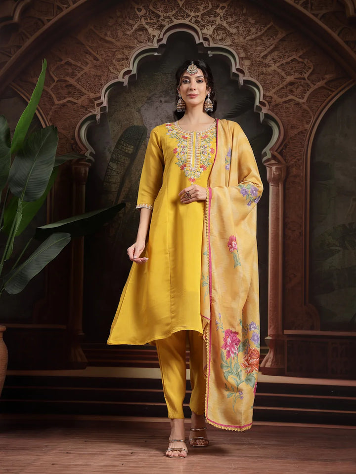 Yellow Mul Chanderi A-Line Kurta Trouser Set-Yufta Store-6679SKDYLM