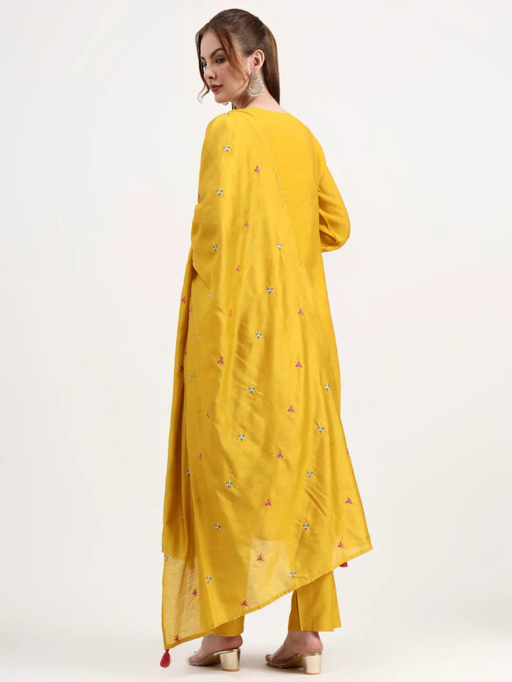 Yellow Mul Chanderi Silk Thread Work Anarkali Kurta Trouser Dupatta Set