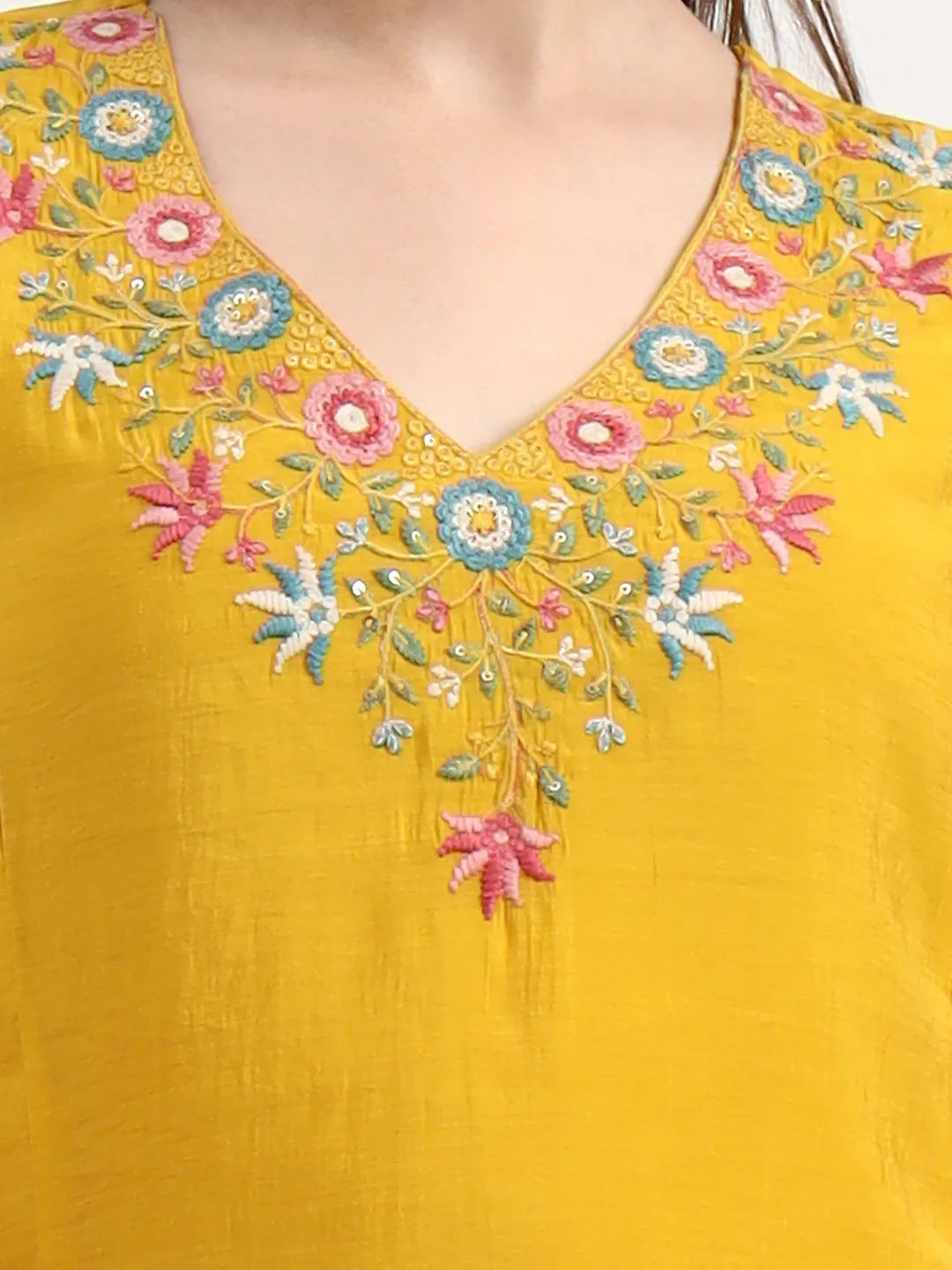 Yellow Mul Chanderi Silk Thread Work Anarkali Kurta Trouser Dupatta Set