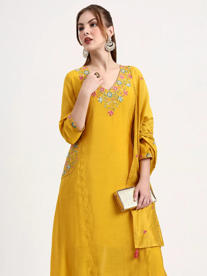 Yellow Mul Chanderi Silk Thread Work Anarkali Kurta Trouser Dupatta Set