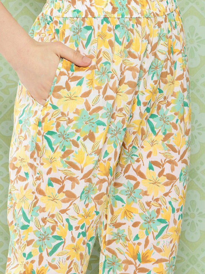 Yellow Paisley Printed Pure Cotton Kurta with Trousers & With Dupatta Set-Yufta Store-1474SKDYLS