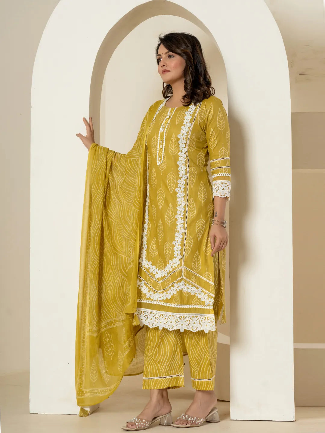 Yellow Patch Work Pure Cotton Straight Kurta And Dupatta Set-Yufta Store-6985SKDYLM