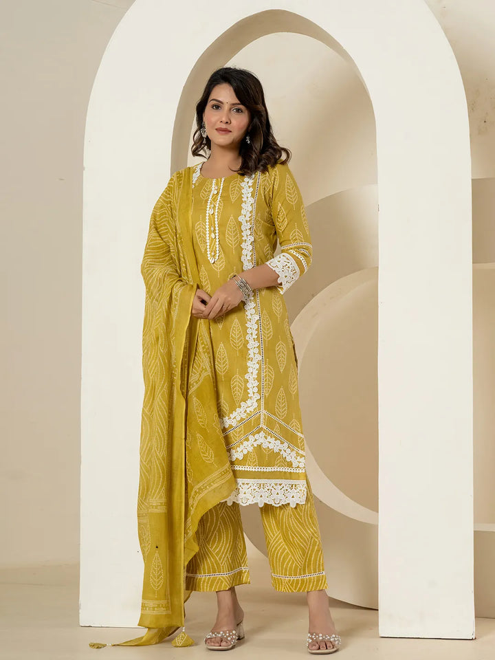 Yellow Patch Work Pure Cotton Straight Kurta And Dupatta Set-Yufta Store-6985SKDYLM