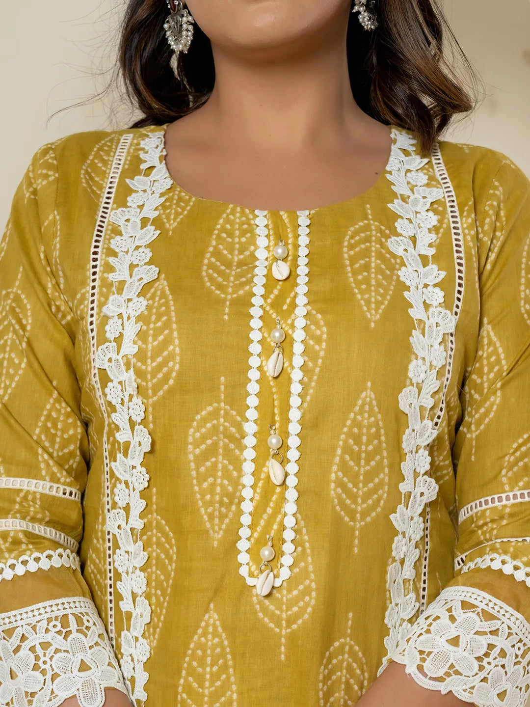 Yellow Patch Work Pure Cotton Straight Kurta And Dupatta Set-Yufta Store-6985SKDYLM