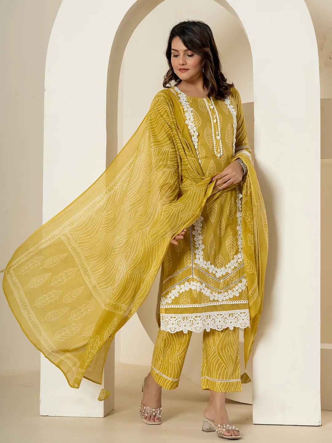 Yellow Patch Work Pure Cotton Straight Kurta And Dupatta Set-Yufta Store-6985SKDYLM