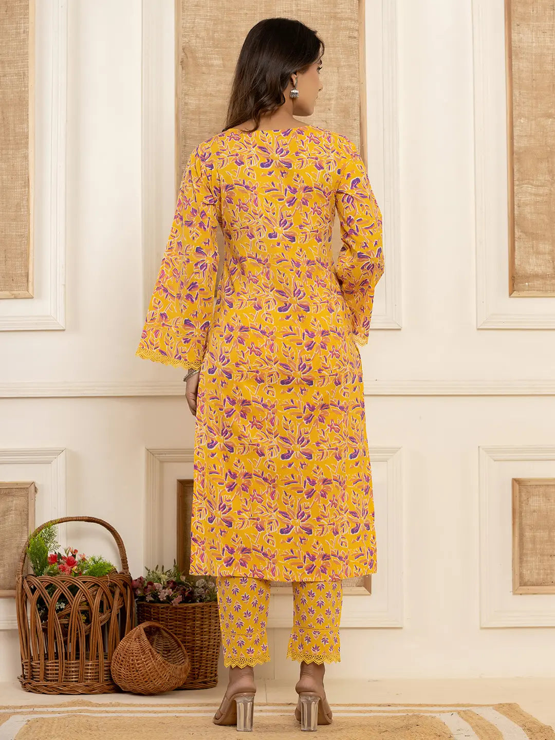 Yellow Printed Pakistani Style Kurta And Trousers With Dupatta Set-Yufta Store-1016SKDYLS