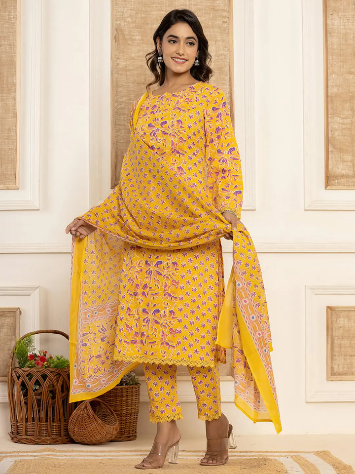 Yellow Printed Pakistani Style Kurta And Trousers With Dupatta Set-Yufta Store-1016SKDYLS