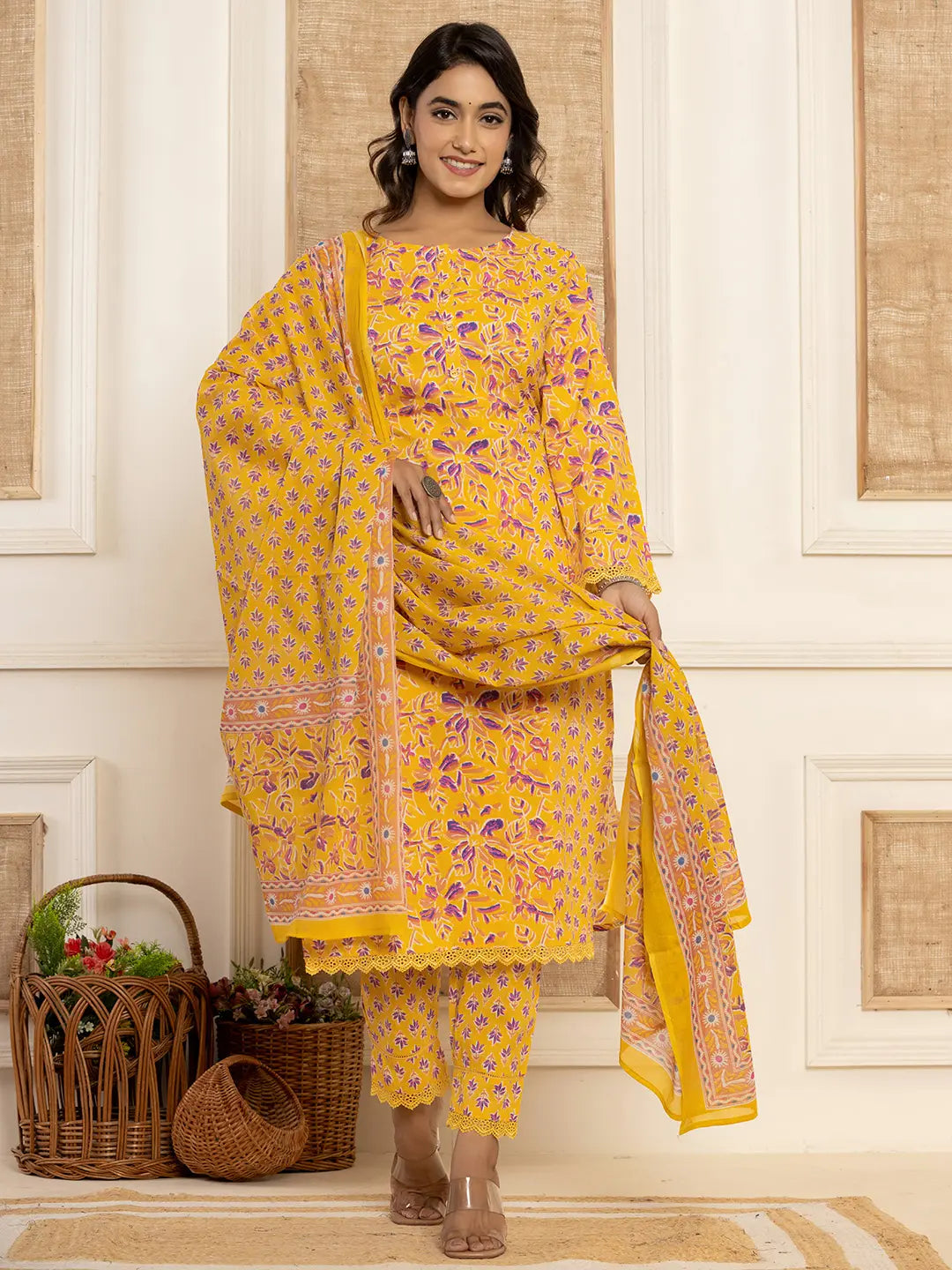 Yellow Printed Pakistani Style Kurta And Trousers With Dupatta Set-Yufta Store-1016SKDYLS