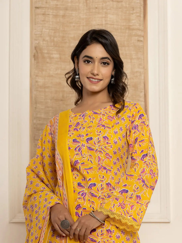 Yellow Printed Pakistani Style Kurta And Trousers With Dupatta Set-Yufta Store-1016SKDYLS