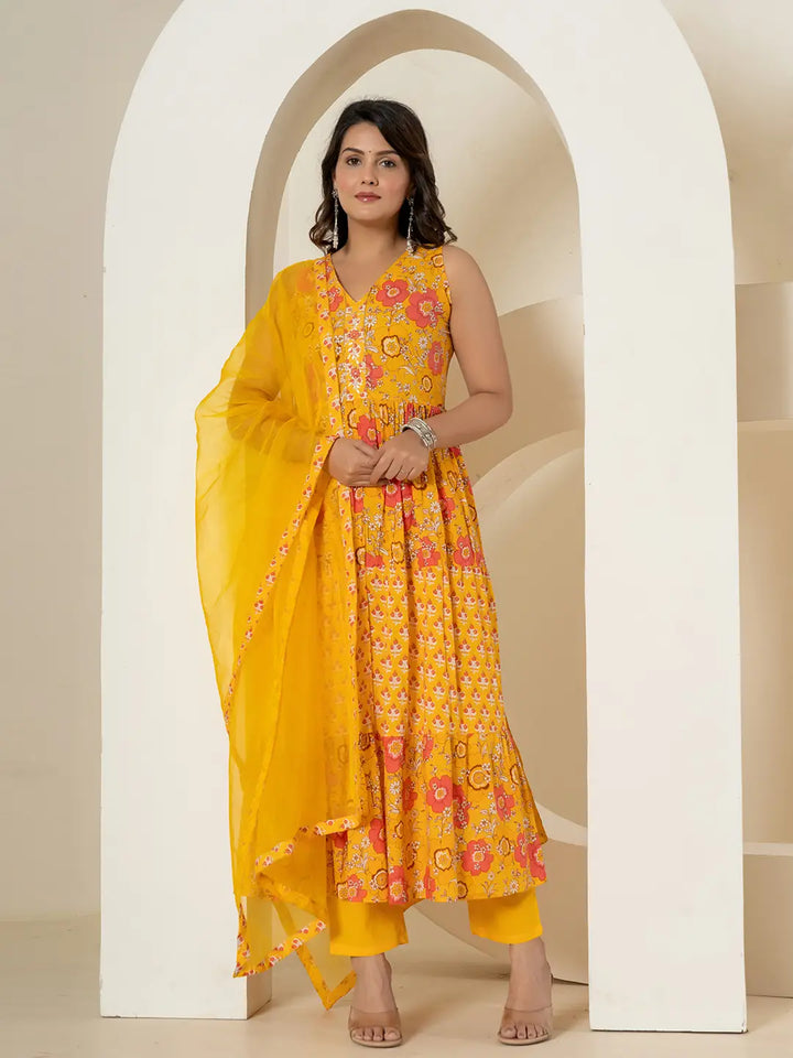 Yellow Pure Cotton Fit And Flare Tiered Kurta Trouser & Dupatta Set-Yufta Store-7037SKDYLS