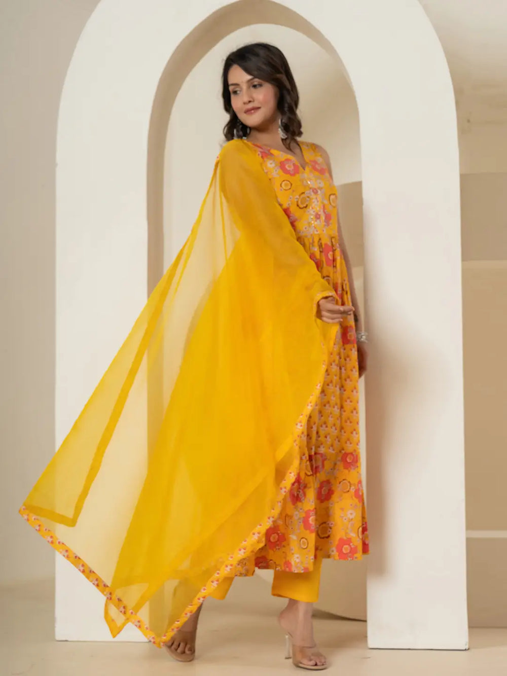 Yellow Pure Cotton Fit And Flare Tiered Kurta Trouser & Dupatta Set-Yufta Store-7037SKDYLS