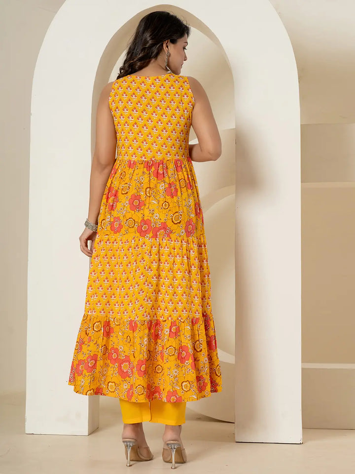 Yellow Pure Cotton Fit And Flare Tiered Kurta Trouser & Dupatta Set-Yufta Store-7037SKDYLS