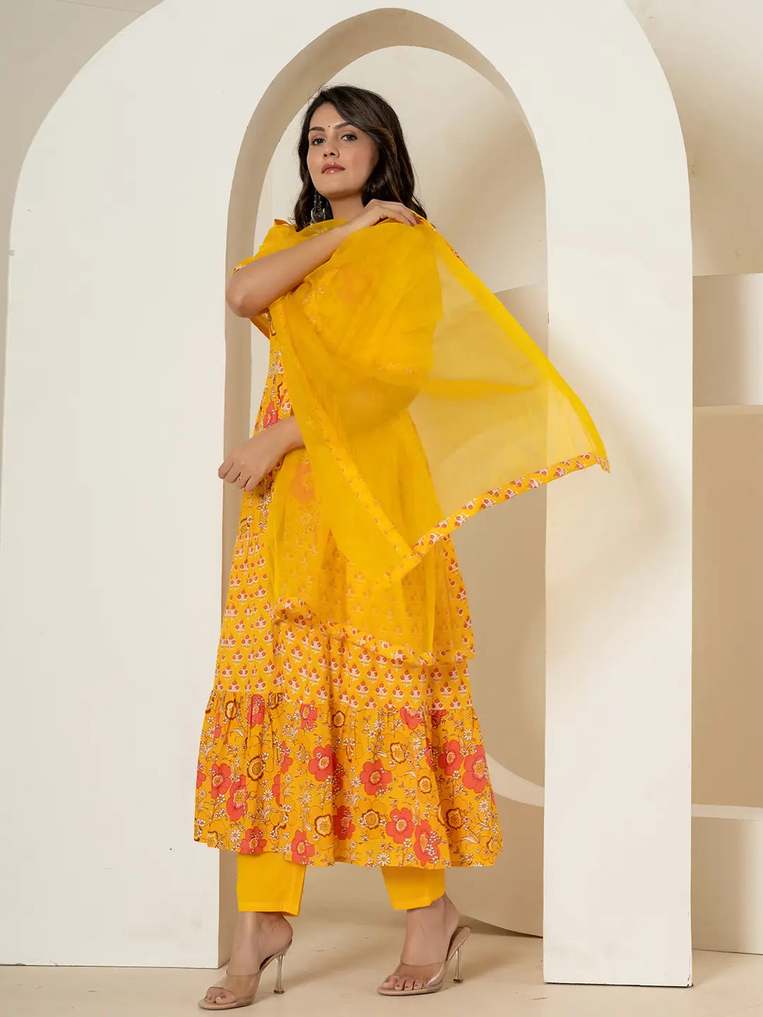 Yellow Pure Cotton Fit And Flare Tiered Kurta Trouser & Dupatta Set-Yufta Store-7037SKDYLS