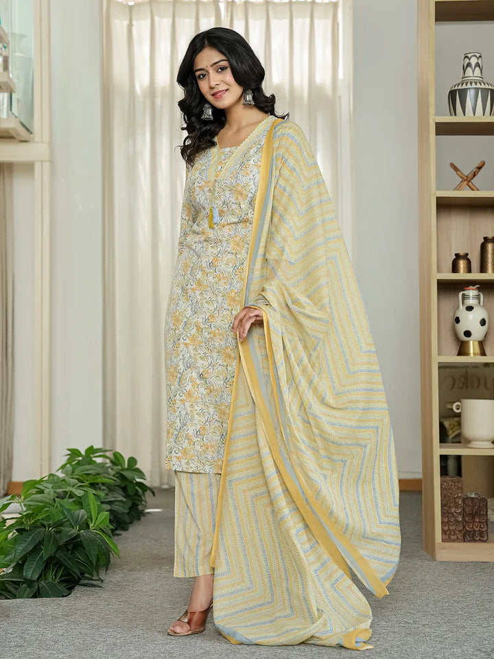 Yellow Pure Cotton Floral Print Kurta Dupatta Pant Set-Yufta Store-6544SKDYLM