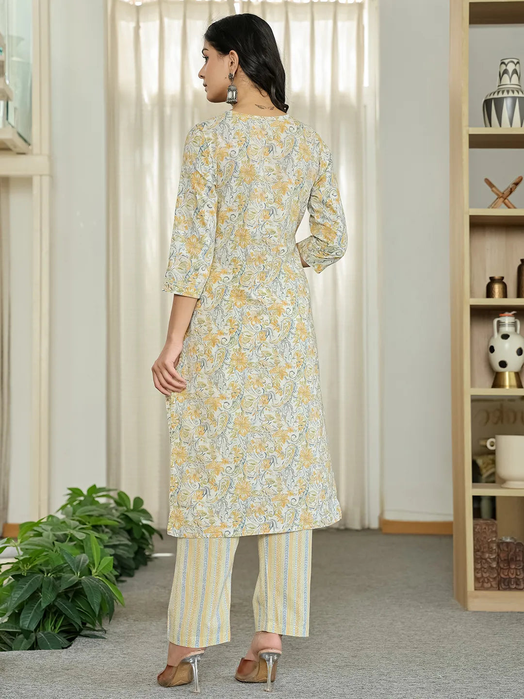 Yellow Pure Cotton Floral Print Kurta Dupatta Pant Set-Yufta Store-6544SKDYLM