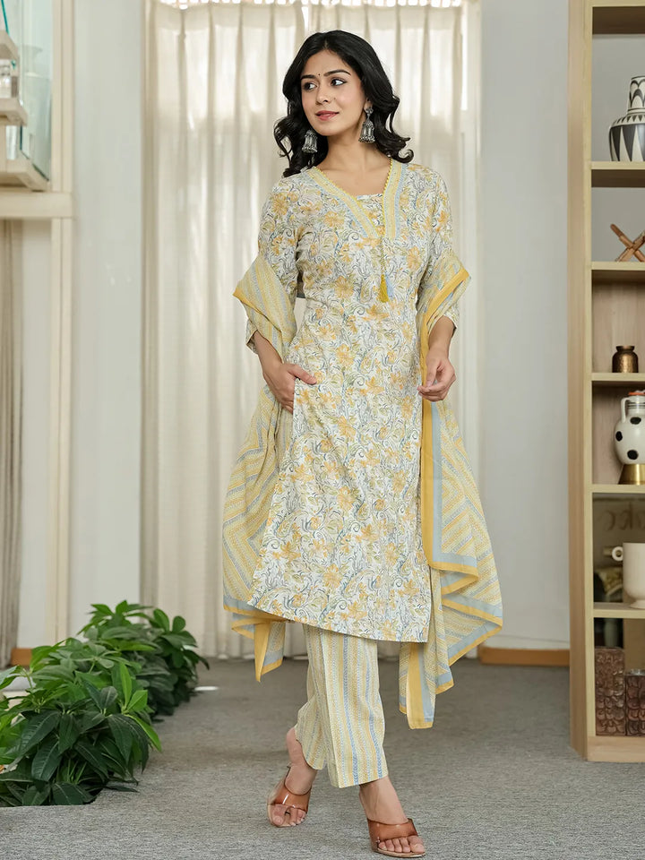 Yellow Pure Cotton Floral Print Kurta Dupatta Pant Set-Yufta Store-6544SKDYLM