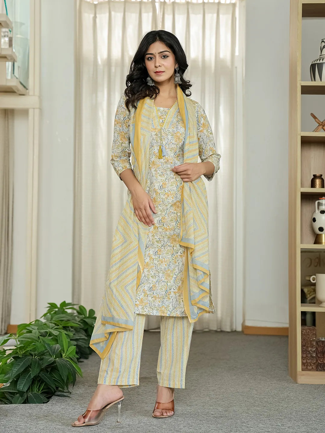 Yellow Pure Cotton Floral Print Kurta Dupatta Pant Set-Yufta Store-6544SKDYLM