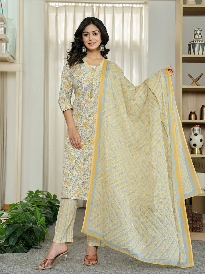 Yellow Pure Cotton Floral Print Kurta Dupatta Pant Set-Yufta Store-6544SKDYLM
