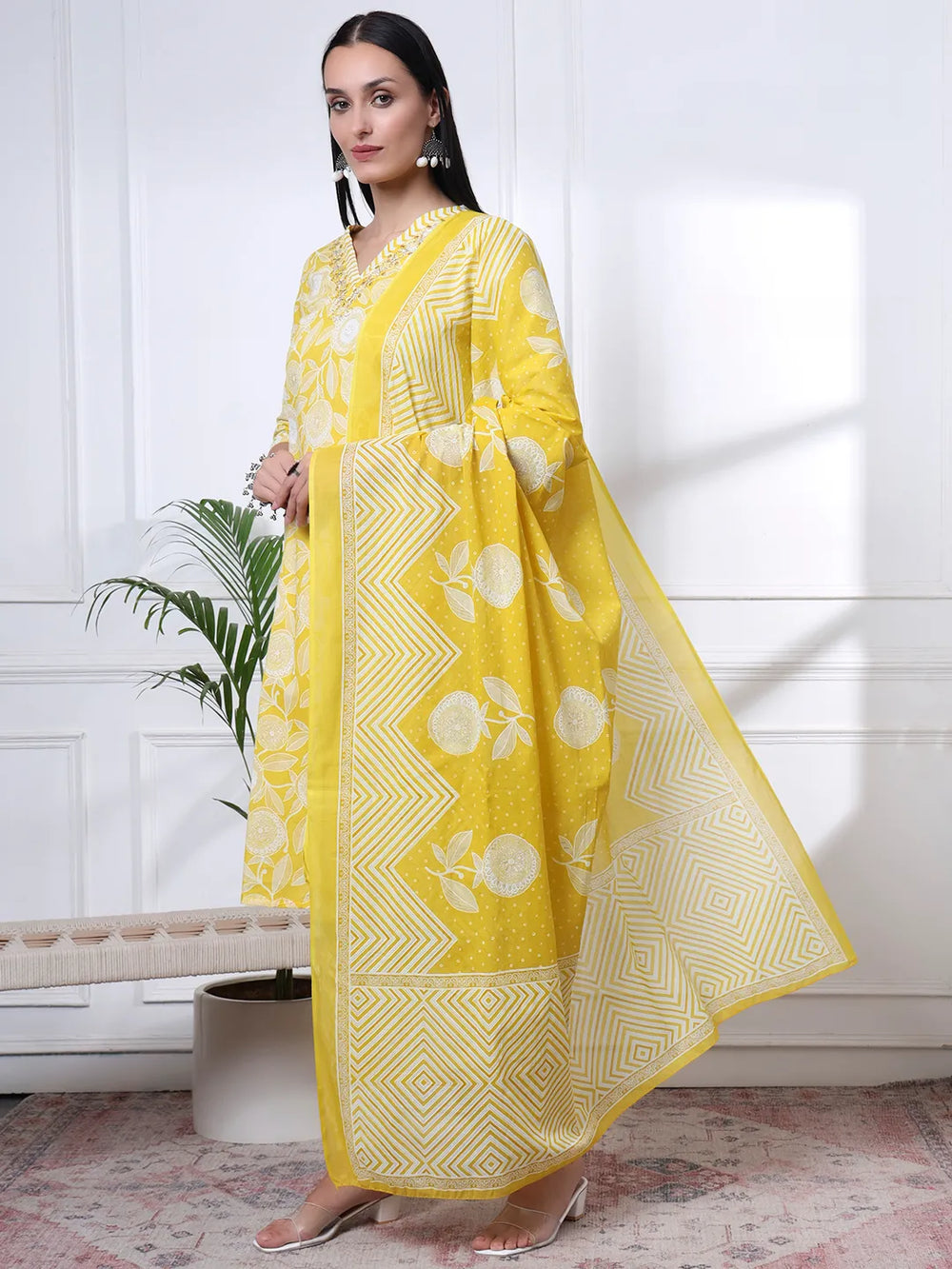 Yellow Pure Cotton Floral Print Zari Work Straight Kurta Set-Yufta Store-6490SKDYLM