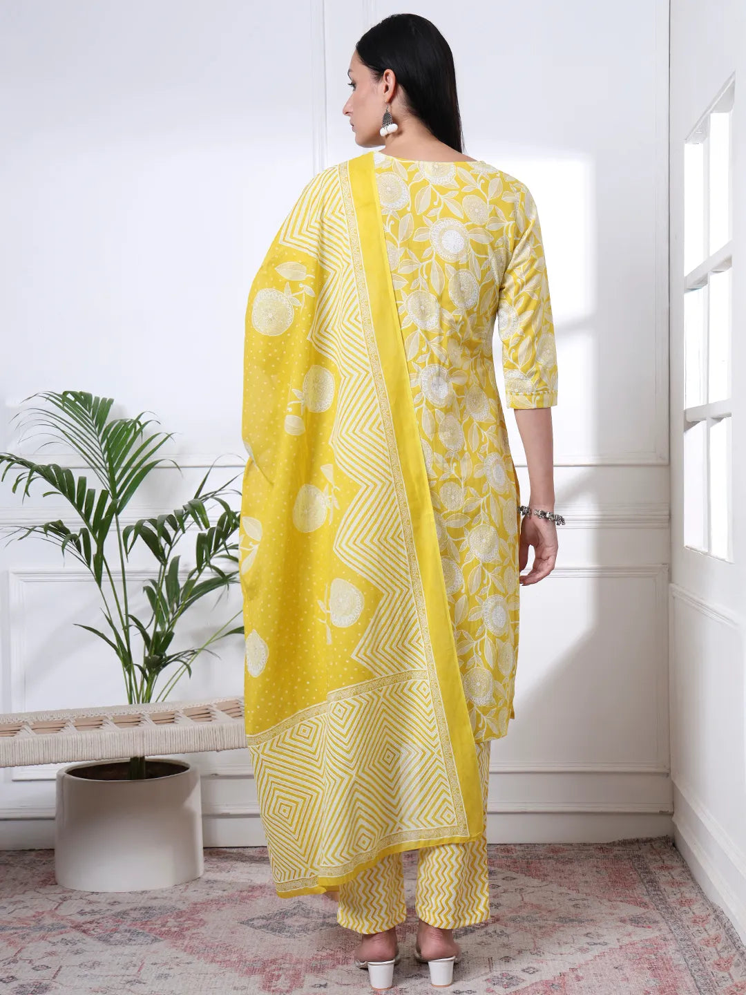 Yellow Pure Cotton Floral Print Zari Work Straight Kurta Set-Yufta Store-6490SKDYLM