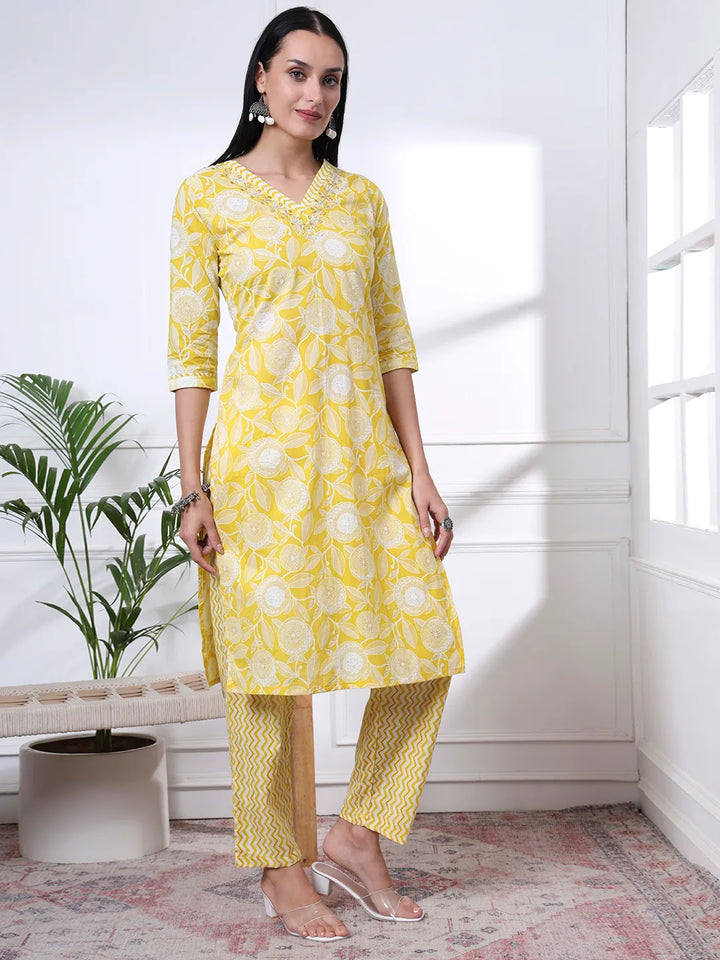 Yellow Pure Cotton Floral Print Zari Work Straight Kurta Set-Yufta Store-6490SKDYLM