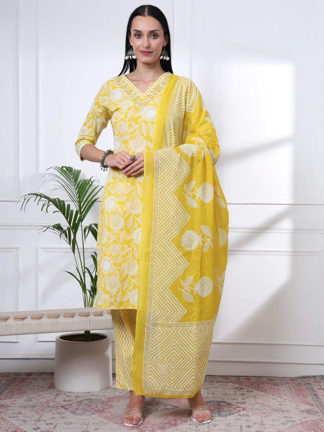 Yellow Pure Cotton Floral Print Zari Work Straight Kurta Set-Yufta Store-6490SKDYLM