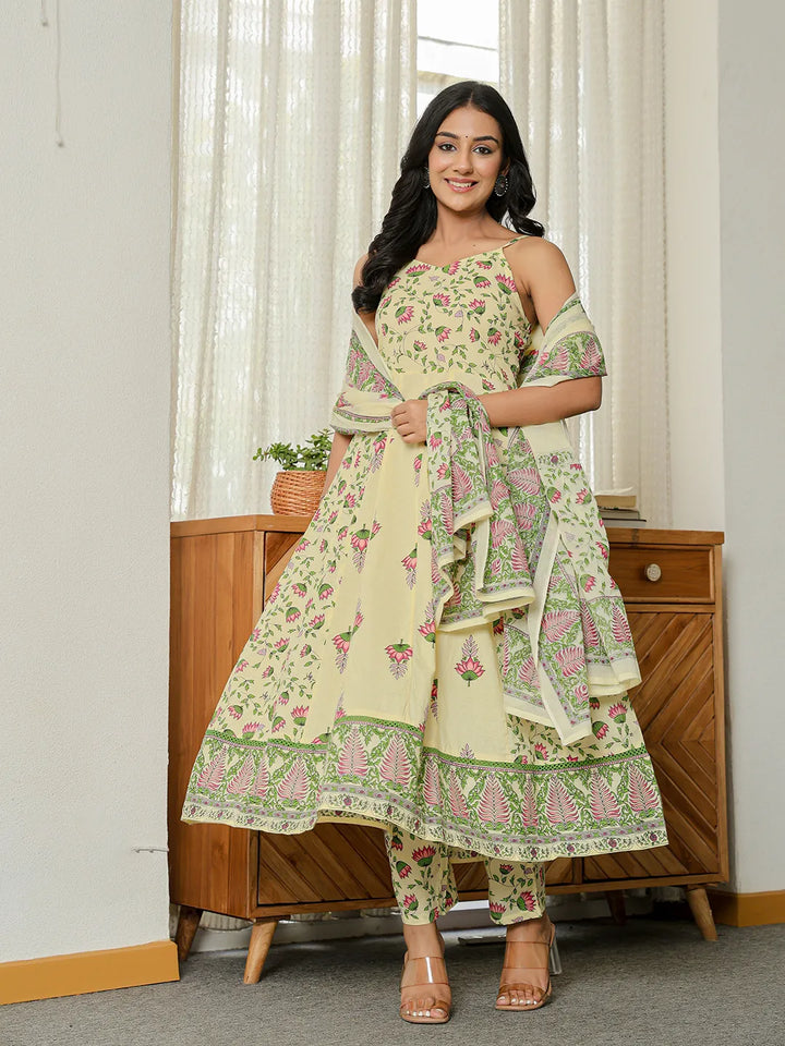 Yellow Pure Cotton Sleeveless Strappy Anarkali Kurta Dupatta Set-Yufta Store-6369SKDYLS