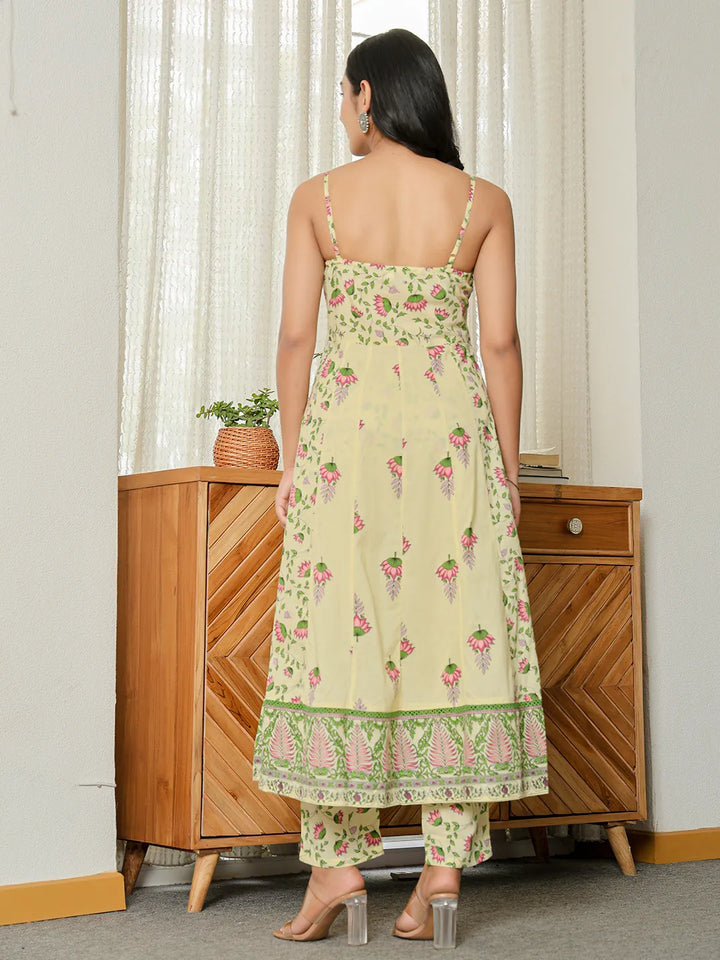 Yellow Pure Cotton Sleeveless Strappy Anarkali Kurta Dupatta Set-Yufta Store-6369SKDYLS