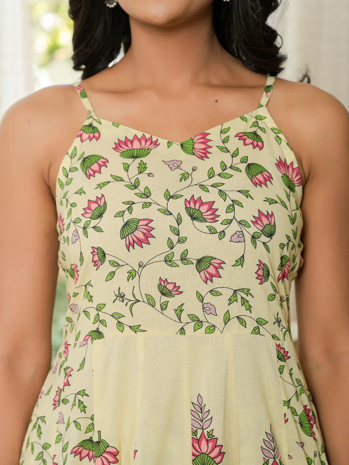 Yellow Pure Cotton Sleeveless Strappy Anarkali Kurta Dupatta Set-Yufta Store-6369SKDYLS