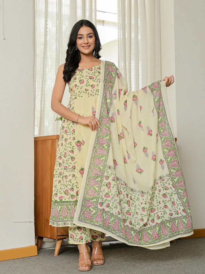 Yellow Pure Cotton Sleeveless Strappy Anarkali Kurta Dupatta Set-Yufta Store-6369SKDYLS