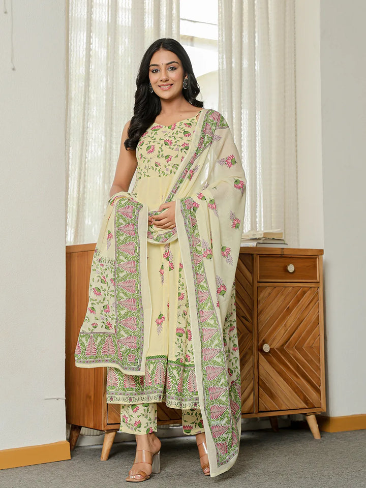 Yellow Pure Cotton Sleeveless Strappy Anarkali Kurta Dupatta Set-Yufta Store-6369SKDYLS