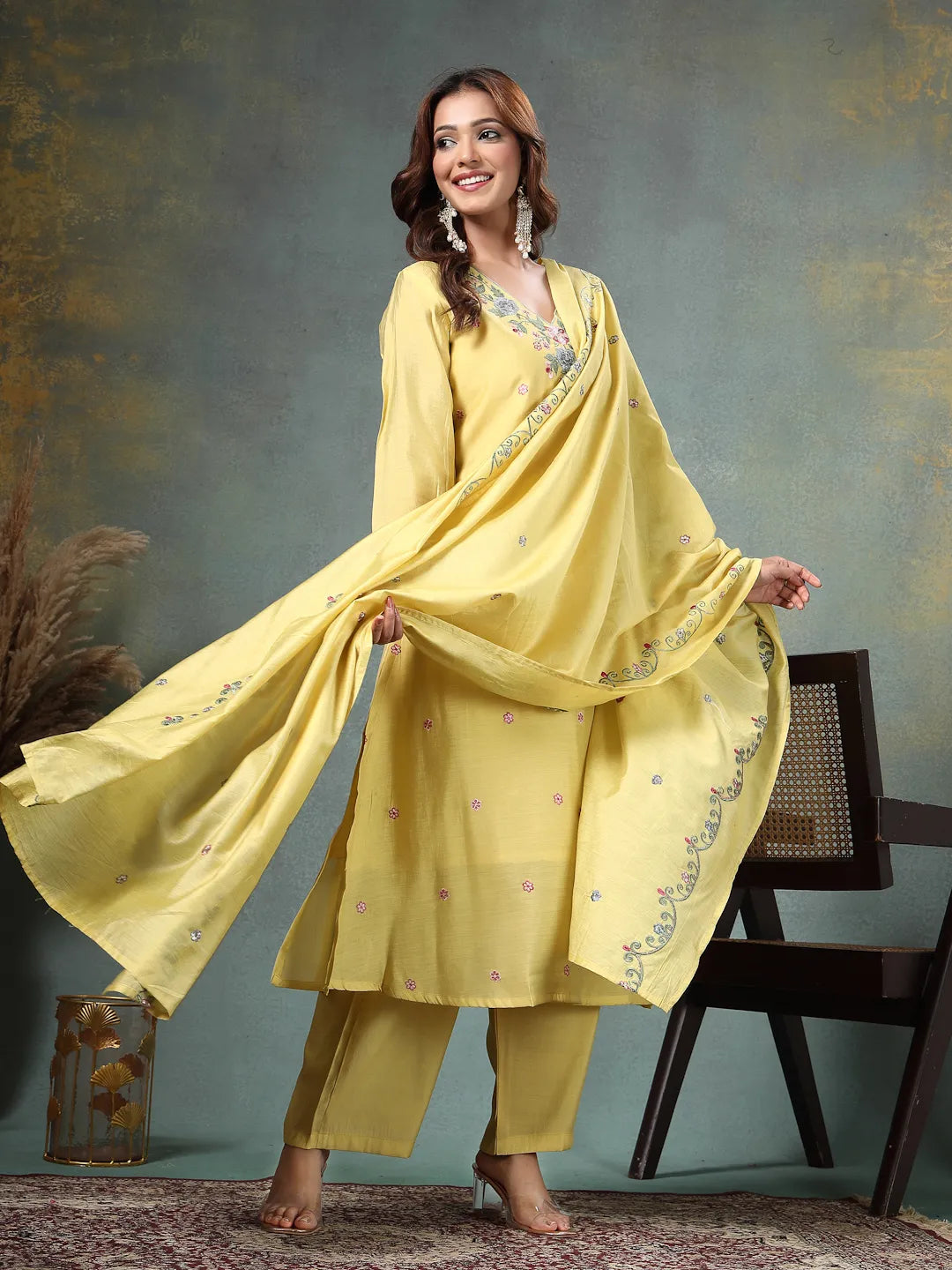 Yellow Resham Embroidery A-Line Chanderi Silk Kurta Palazoo Dupatta Set-Yufta Store-6760SKDYLM