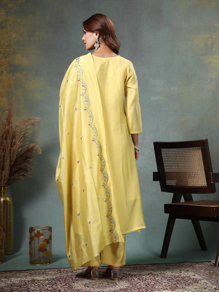 Yellow Resham Embroidery A-Line Chanderi Silk Kurta Palazoo Dupatta Set-Yufta Store-6760SKDYLM