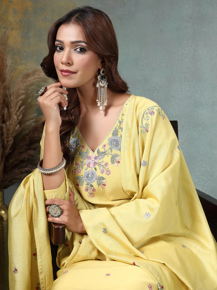 Yellow Resham Embroidery A-Line Chanderi Silk Kurta Palazoo Dupatta Set-Yufta Store-6760SKDYLM