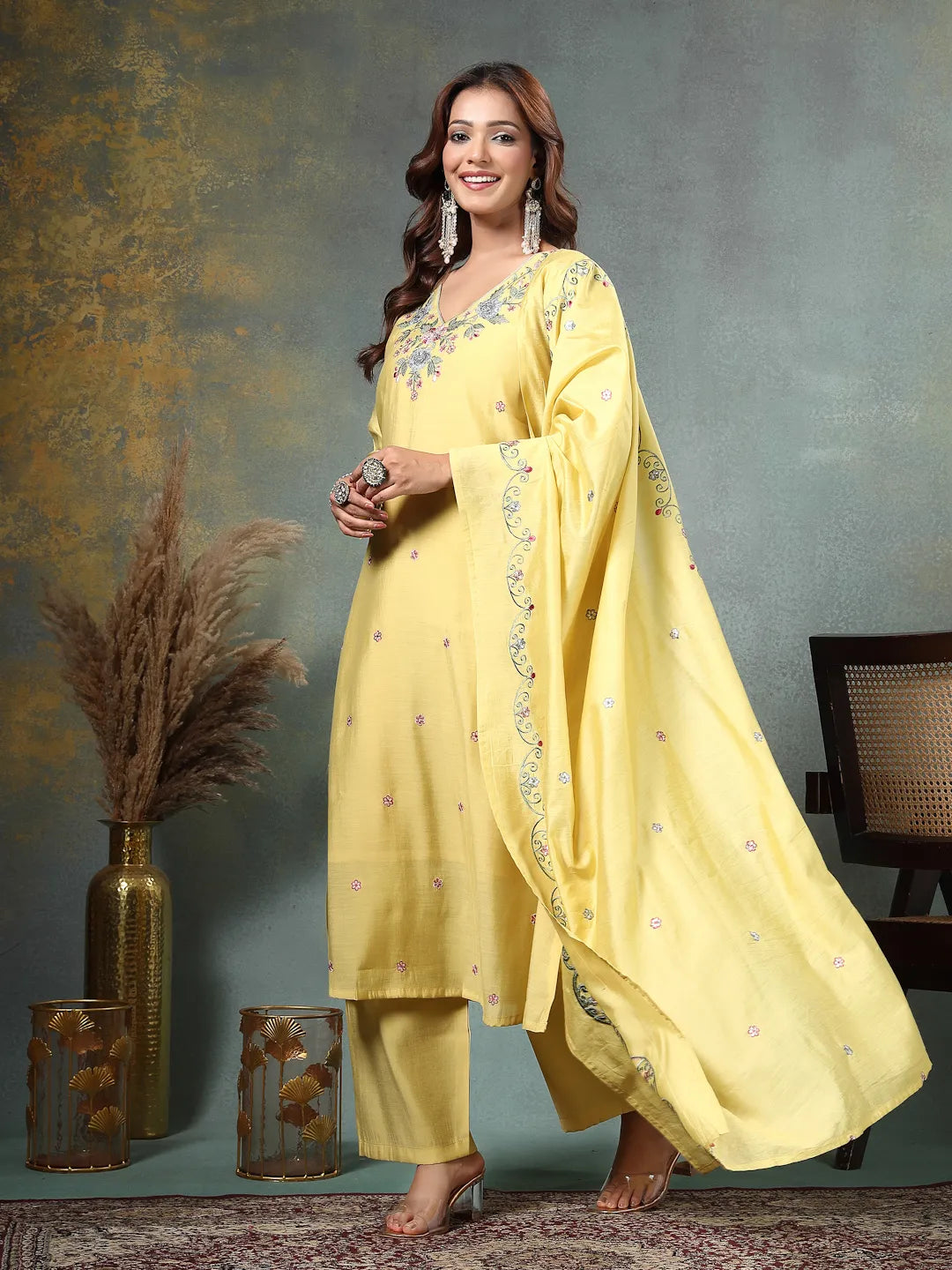 Yellow Resham Embroidery A-Line Chanderi Silk Kurta Palazoo Dupatta Set-Yufta Store-6760SKDYLM