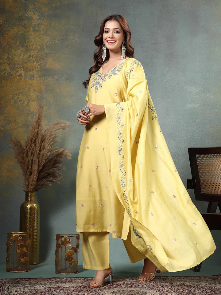 Yellow Resham Embroidery A-Line Chanderi Silk Kurta Palazoo Dupatta Set-Yufta Store-6760SKDYLM
