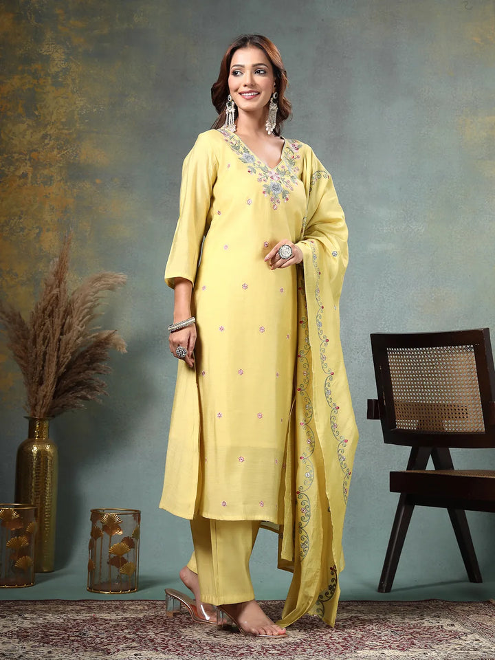 Yellow Resham Embroidery A-Line Chanderi Silk Kurta Palazoo Dupatta Set-Yufta Store-6760SKDYLM
