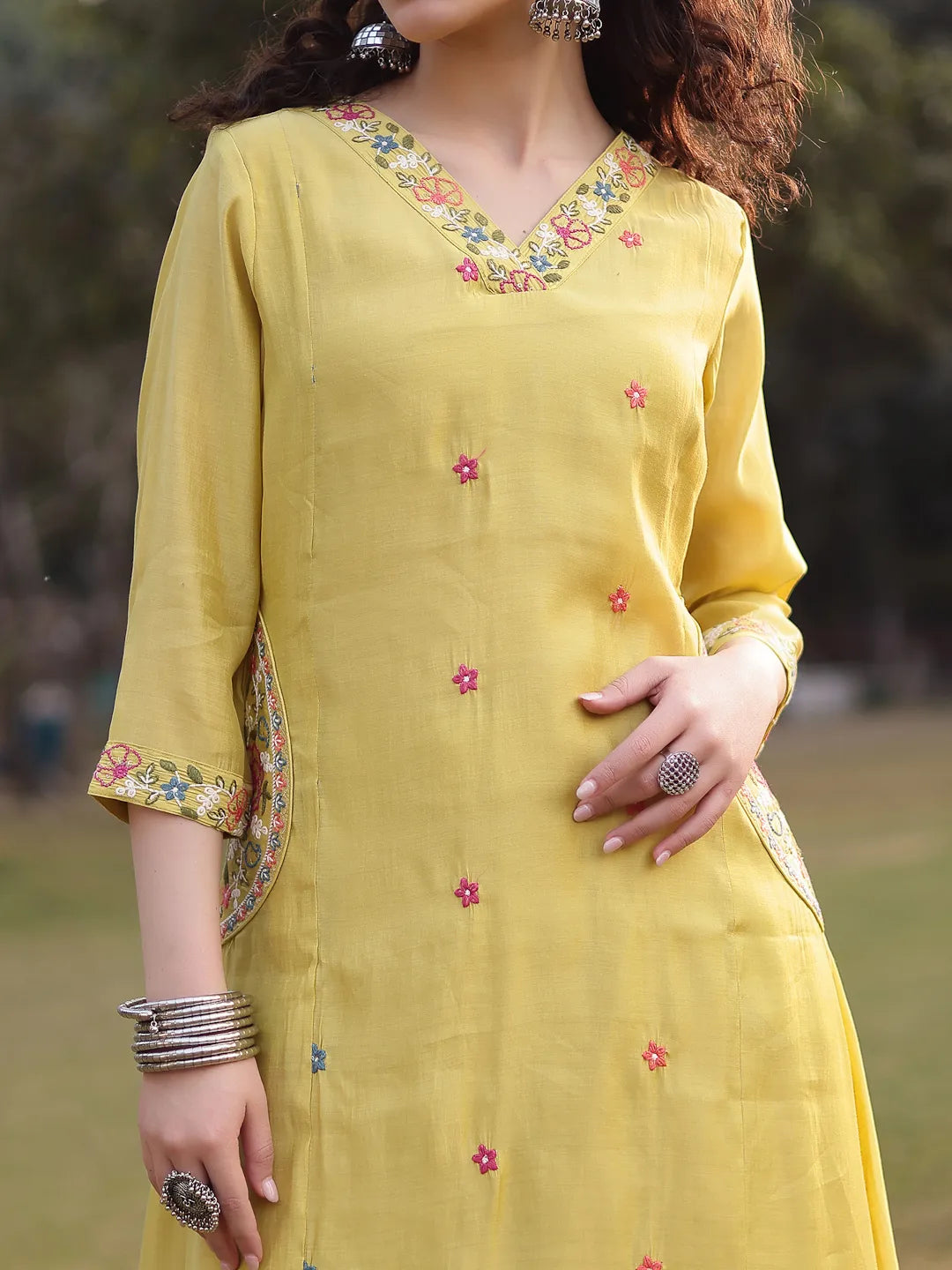 Yellow Resham Embroidery A-Line Chanderi Silk Kurta Trouser Dupatta Set