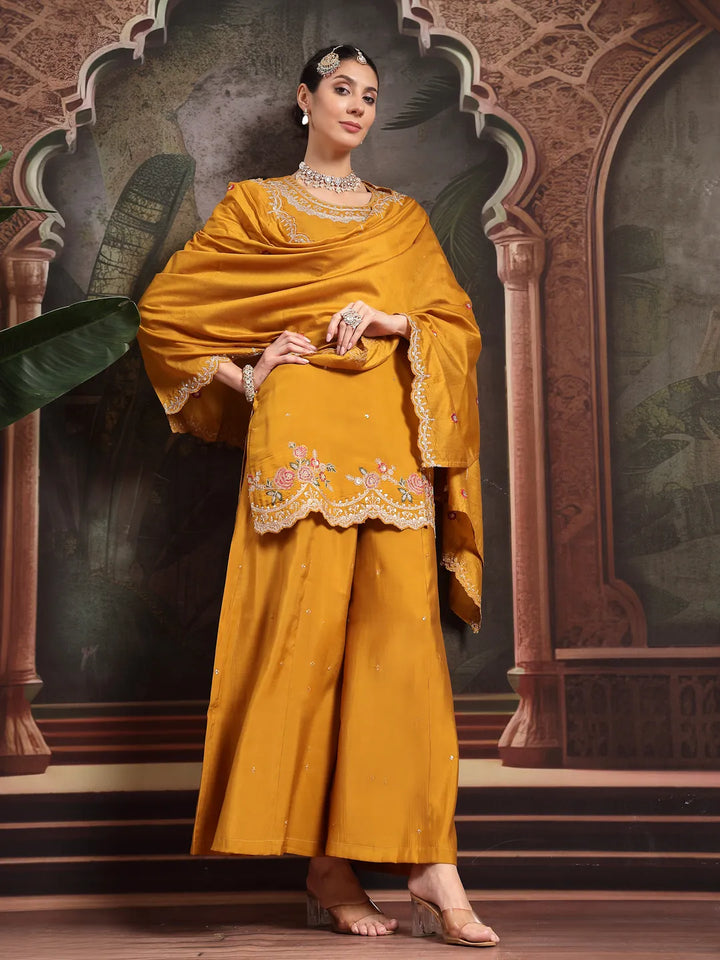 Yellow Silk Blend Embroidered Straight Kurta Dupatta Palazzo Set