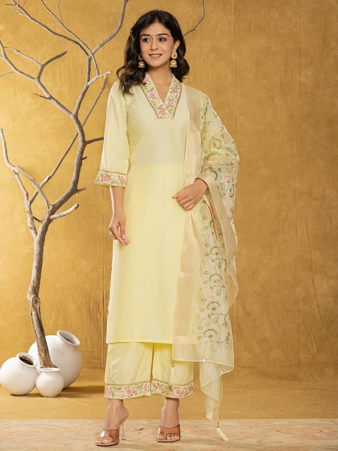 Yellow Silk Blend Pakistani Style Kurta Dupatta Set-Yufta Store-1010SKDYLS