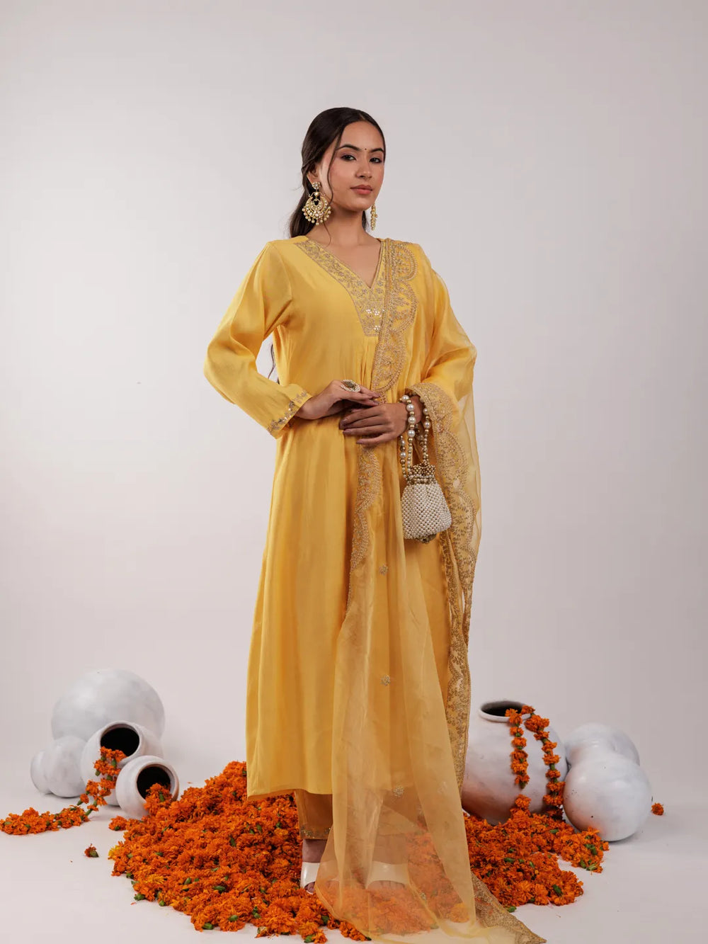 Yellow Silk Embroidered Kurta Dupatta Set-Yufta Store-7175SKDYLS