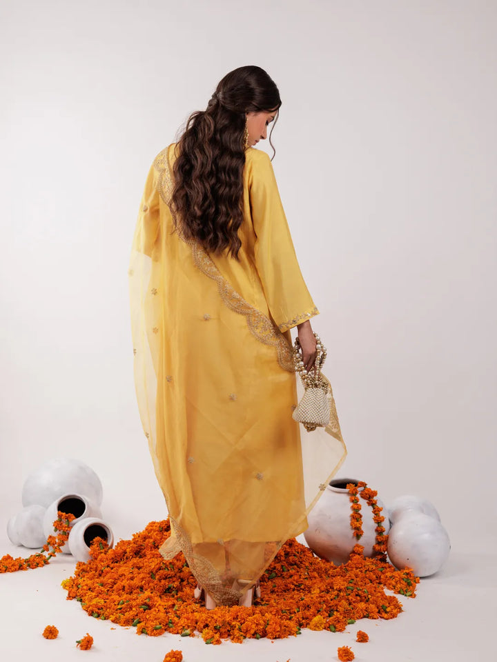 Yellow Silk Embroidered Kurta Dupatta Set-Yufta Store-7175SKDYLS