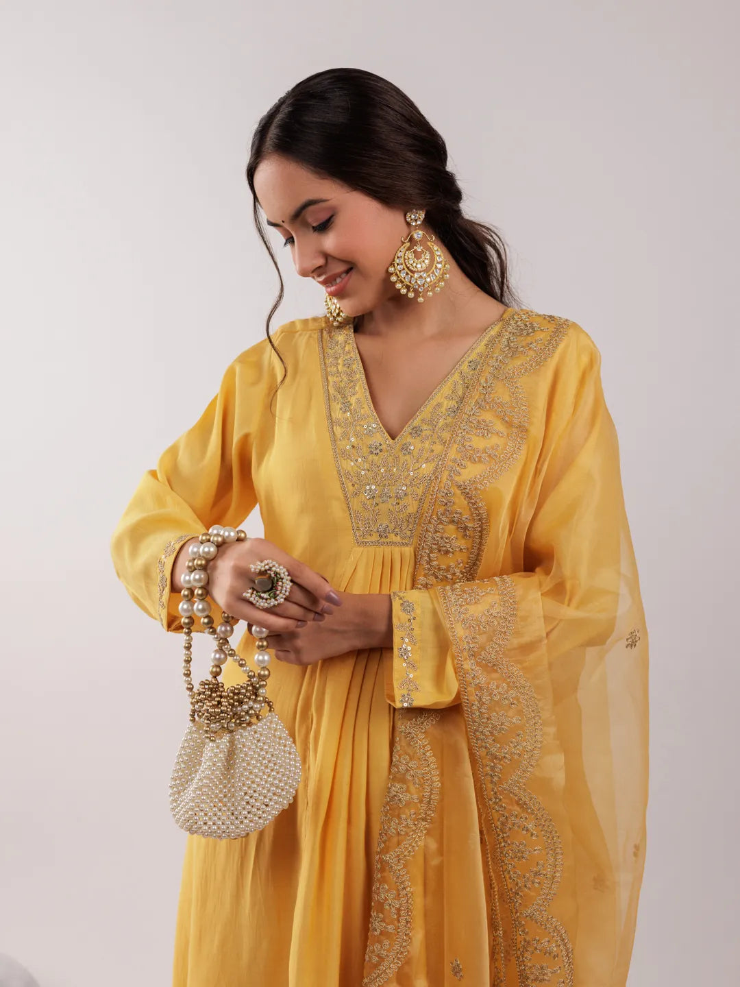 Yellow Silk Embroidered Kurta Dupatta Set-Yufta Store-7175SKDYLS